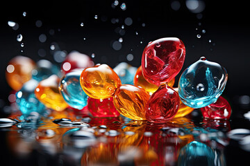 CBG Gummies. some colorful glass marbles on a black surface with water droplets and reflections in the fore - image is taken from above
