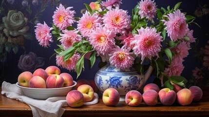 Still life with a bunch of asters and peaches - obrazy, fototapety, plakaty