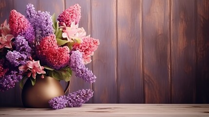 Still life with a spring bouquet with a lilac and tulips against from boards. Card, invitation, congratulation.