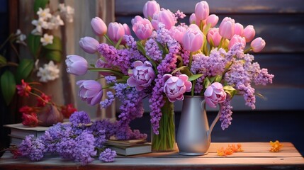 Still life with a spring bouquet with a lilac and tulips against from boards. Card, invitation, congratulation.