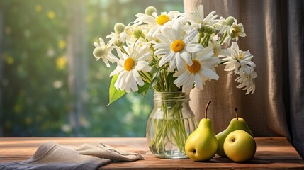 still life with bouquet of daisy flowers in a jar and fresh pears on wooden table