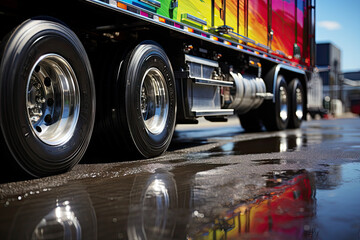 a semi truck driving down the road with its reflection in the wet surface on the ground, as if it's...