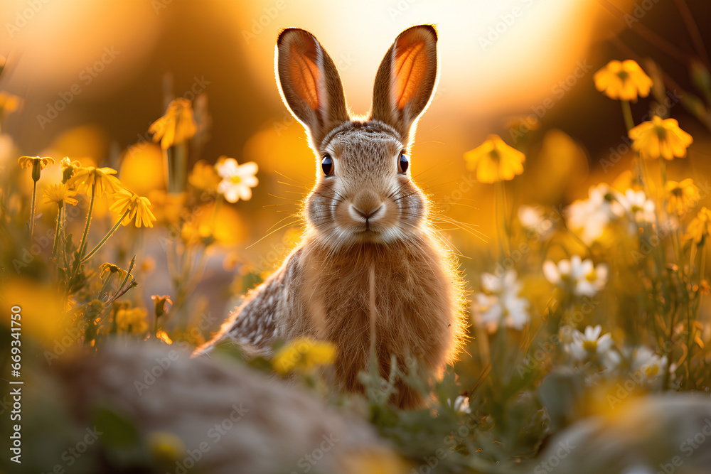 Wall mural cute rabbit in the sunny meadow, close up