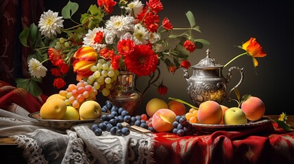 Naklejka na ściany i meble Still life with flowers and fruits on table