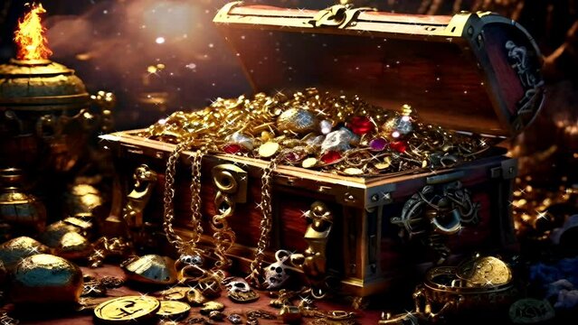 The fantasy treasure chest is open, inside is full of treasures. Seamless looping virtual animation illustration