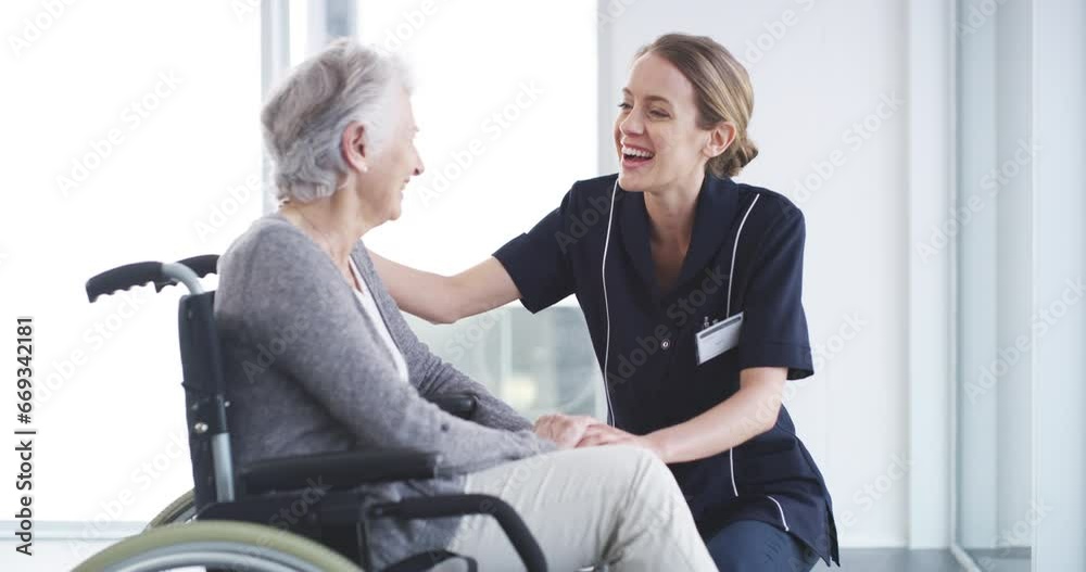 Poster Caregiver, senior woman and wheelchair in nursing home with help, support and smile. Retirement, patient and physical therapist with a female person with a disability in healthcare or medical clinic