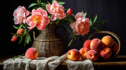 Still life with pink peonies and apricots