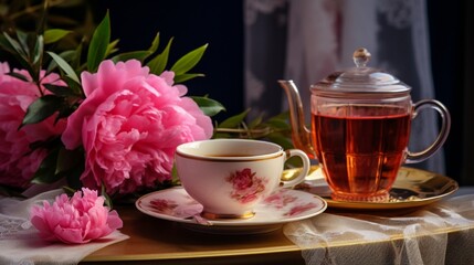 Fototapeta na wymiar Still life with pink peonies and a cup of tea