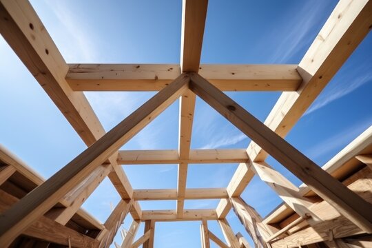 Detail of wooden house frame. Wooden frame of house without ceilings - decisions with structural sturdiness integral to construction. Craftsmanship and sturdiness into construction.