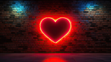 heart background red neon glow red heart on brick wall. valentine concept 