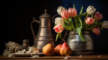 Obraz na płótnie Canvas Still Life with Tulips in old milk can and Pears