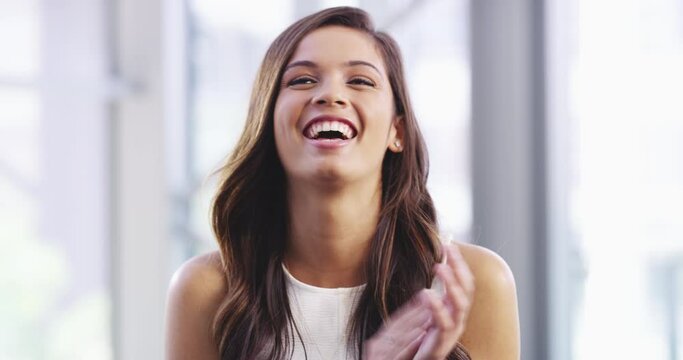 Success, face or happy woman clapping in office for promotion, support or motivation. Winner, opportunity or applause of female employee for target goals, mission achievement or workplace celebration