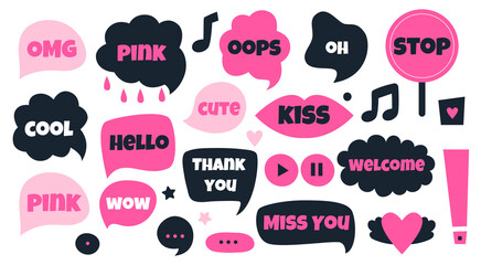 Collection of colorful pink and dark blue speech bubbles with common words isolated on white background