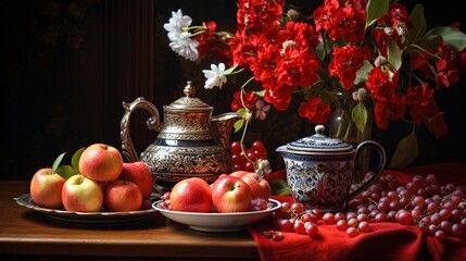 Fototapeta na wymiar Vintage still life with red tableware, flowers and fruits