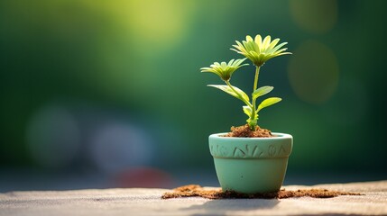 A small flower is in a small pot with a green background