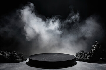 rounded black marble with smokey background. product display podium for product presentation. - obrazy, fototapety, plakaty