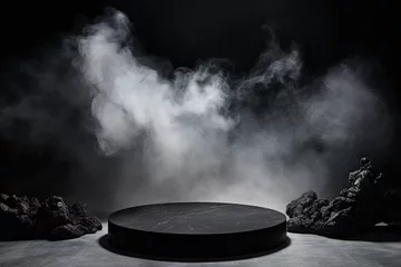Fotobehang rounded black marble with smokey background. product display podium for product presentation. © Rangga Bimantara