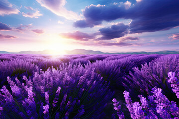 Naklejka premium beautiful field of lavender flowers with blue sky