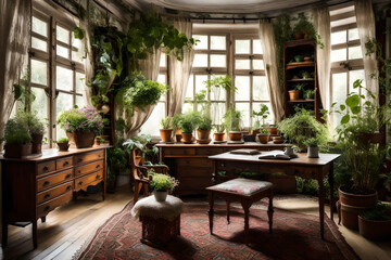 Stately Home Interior with Greenery and Courtyard View