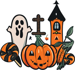 Isolated Halloween elements for design ideas on white background. Cute pumpkins, black cat, ghost, cupcake, spider, witch hat, halloween calander, treats.