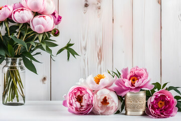 Colorful Bouquet on Wooden Table with Delicate Rose Bloom in Vase