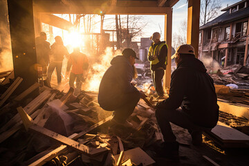 some people working in a construction site with fire coming from the roof and debris scattered on the ground around them - obrazy, fototapety, plakaty