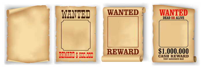 set of realistic wanted poster isolated or vintage scroll parchment manuscripts. 3D Render