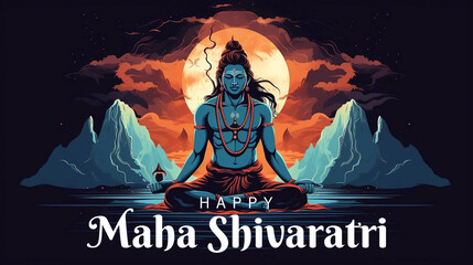 Fototapeta na wymiar Maha Shivaratri Poster Design with God Siva Portrait in Watercolor Painting Style