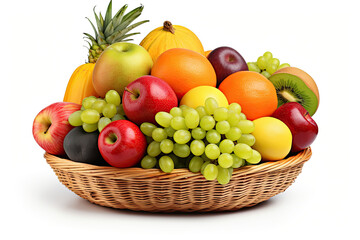 a bunch of different fruits in a basket isolated on white background