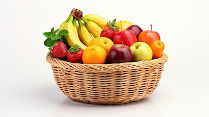 a bunch of different fruits in a basket isolated on white background