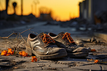 an old pair of shoes laying on the ground in front of a cityscaing area with buildings in the background