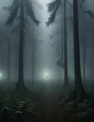 the forest is foggy and dark, there are UFOs and alien illustrations