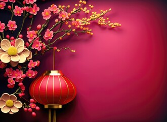 Chinese new with flower and asian elements paper cut with craft style on background. AI Genarated. - obrazy, fototapety, plakaty