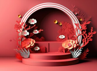Podium round stage podium and paper art Chinese new year,Chinese Festivals, Mid Autumn Festival , red paper cut. AI Genarated.