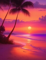 Fototapeta na wymiar calm beach scene at sunset, waves and palm trees illustration