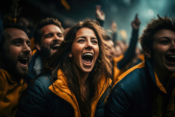 Captivating shot of ecstatic fans celebrating amidst the electrifying ambiance of a live event.