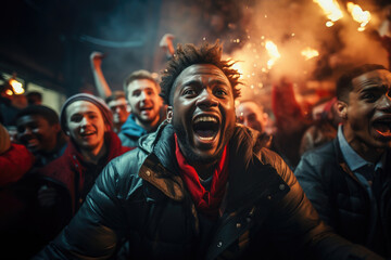 Fototapeta na wymiar Dynamic shot of elated fans celebrating at night, with fireworks lighting up their expressions of sheer joy.