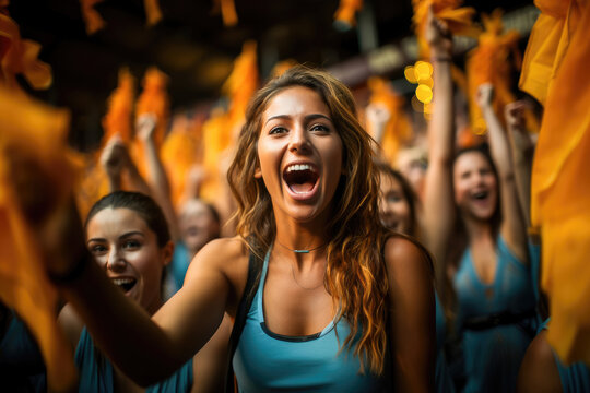 Joyful young woman cheering passionately amid a spirited crowd with orange flags, embodying pure enthusiasm.