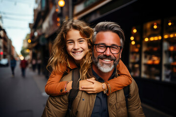 A joyful father carries his daughter piggyback, sharing a happy moment during a city evening stroll.