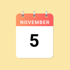 Daily calendar 5th of November month on white paper note