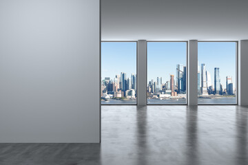 Midtown New York City Manhattan Skyline Buildings from High Rise Window. Mockup white wall. Real Estate. Empty room Interior Skyscrapers View Cityscape. Day time. Hudson Yards West Side. 3d rendering - obrazy, fototapety, plakaty