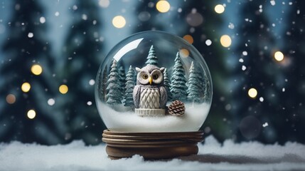 Fototapeta na wymiar Christmas or New Year greeting card. Glass transparent ball owl inside with decorative Christmas trees around on snow covered moss with winter forest at background. Xmas holidays