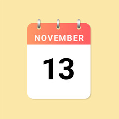 Daily calendar 13th of November month on white paper note