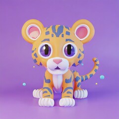 Fototapeta premium cute little baby tiger with big black eyes. Fantasy monster. Small Funny Cartoon character. Fairy tale. Isolated on black background. AI Generated.