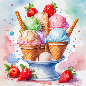 Ice cream sweet cartoon in watercolor painting style.
