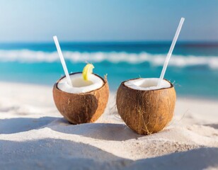 tropical coconut drinks on the beach, minimalist with copy space background. AI Generated.