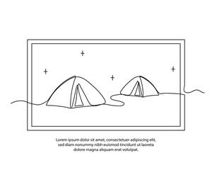 Sky view of a camping tent. One line poster drawing with a beautiful frame. Abstract minimal continuous line wall decor.
