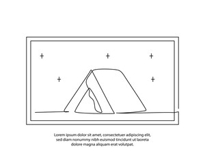 Sky view of a camping tent. One line poster drawing with a beautiful frame. Abstract minimal continuous line wall decor.