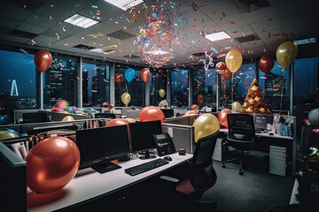 an office filled with balloons and confectional objects that are flying from the ceiling to the floor below