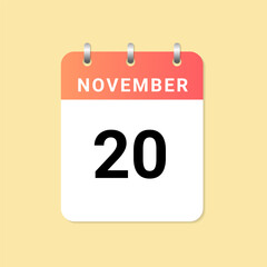 Daily calendar 20th of November month on white paper note.
